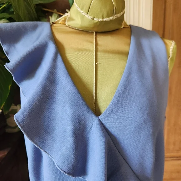 Ann Taylor Blue Ruffle Sheath Dress | Size 10 | Sleeveless V-Neck | Career Work - Picture 2 of 13